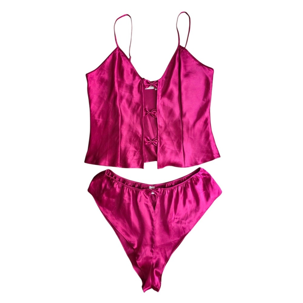 Y2K Fredericks of Hollywood Satin Sleep Set 2-Piece L Fuchsia Bow Cami & Shorts